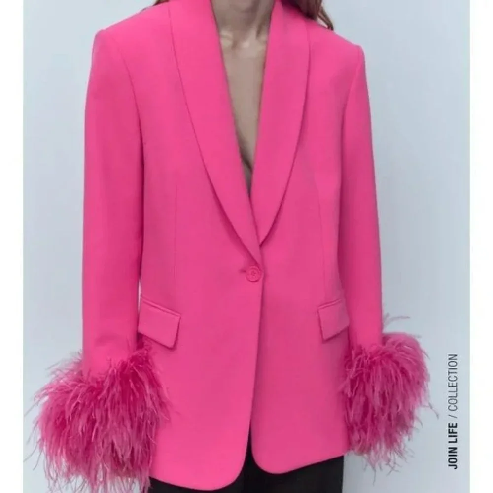 ZARA FEATHER BLAZER PINK - Picture 7 of 8